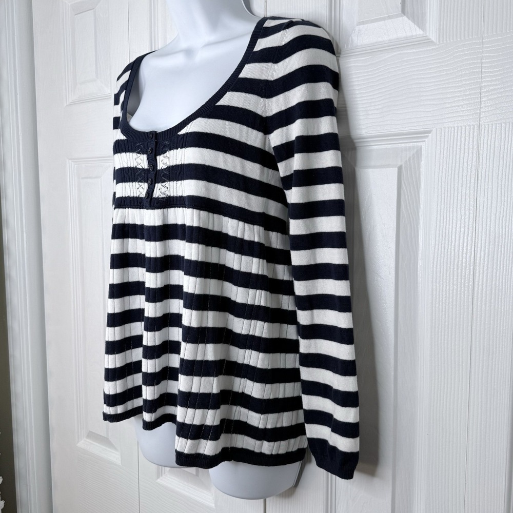 Aeropostale‎ Striped Babydoll Sweater Small Blue White Henley Scoop Neck Y2K - Picture 2 of 8
